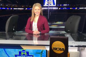 Female student at NCAA news desk