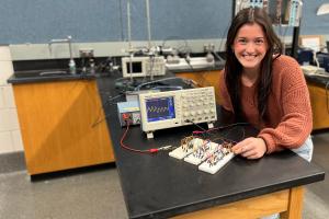 Izzy Mahoney, '24, is developing a circuit to build an electrocardiogram.