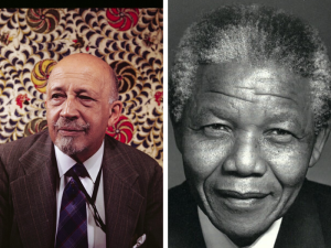 A split screen with two images. The first image is of W.E.B. Du Bois as an older man. He is sitting in a brown suit with a dark plaid tie looking off to the side of the camera.  He is bald but has a grey goatee and mustache. The wall behind him is brightly colored and floral patterned.  The second man is Nelson Mandela. This is a black and white headshot of him as an older man. He is wearing a dark suit and smiling gently at the camera.  His hair is black with patches of white.