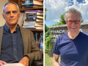Combined image with a photo of Professor Jonathan Ablard sitting in an office and photo of Professor Stewart Auysash standing outside