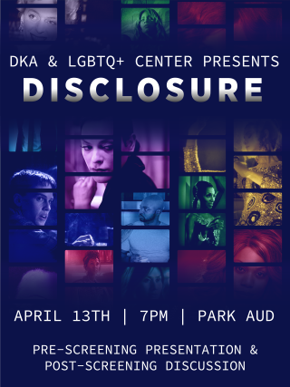 White text describing the event details sits against a background featuring the "Disclosure" film poster. This image features multicolored film negatives featuring stills from trans film and television representation.