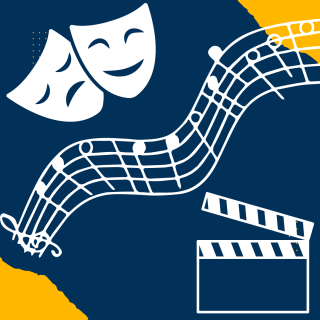illustration of theatre masks, music notes and a film clapboard