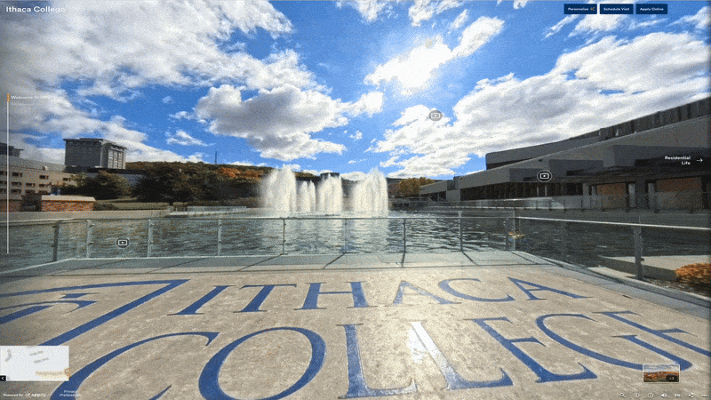 360 Loop of Ithaca College Virtual Tour, this stop featuring the Fountains