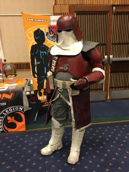 A person dressed as a futuristic space soldier
