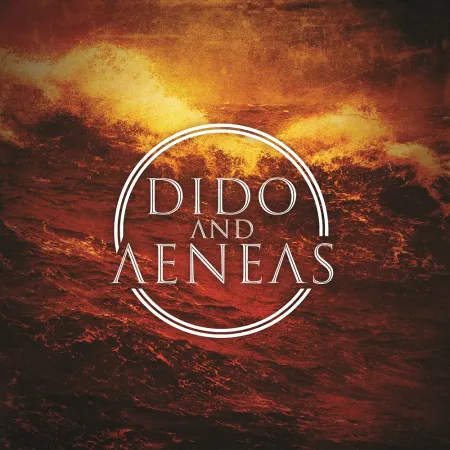 Graphic for production, white circle around Dido Aeneas (Title) in white text, background sepia image of rough ocean waves