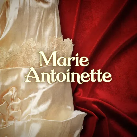 Graphic for production, Marie Antoinette (Title), off-white, script lettering against white and red cloth