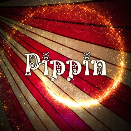 Graphic for production, Pippin (Title), red and off-white stripped background, swirl of sparkles