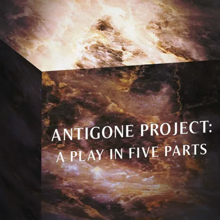 Graphic for production, Antigone Project: A Play in 5 Parts (Title), white lettering, against marble cube