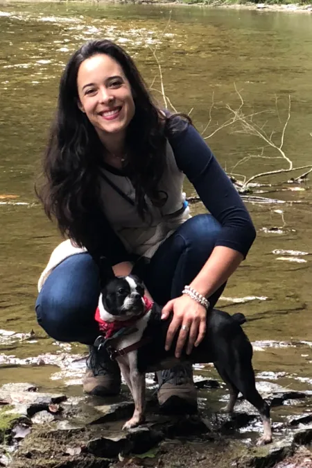 woman in dog with stream
