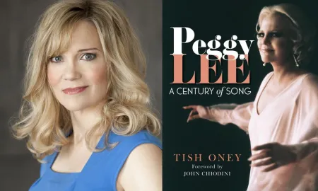 Pictures of smiling woman and book cover with standing woman