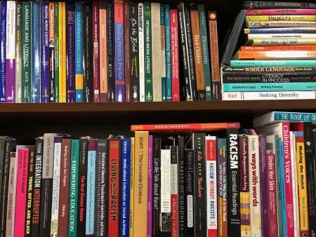 texts on bookshelves
