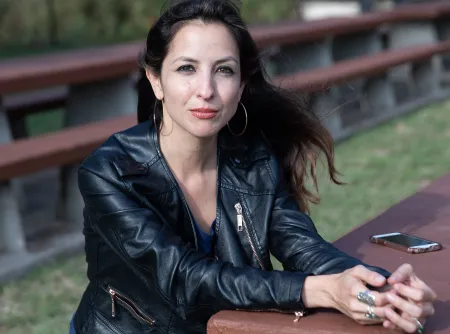 woman at picnic table