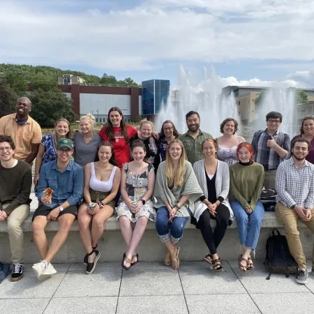 students by fountain