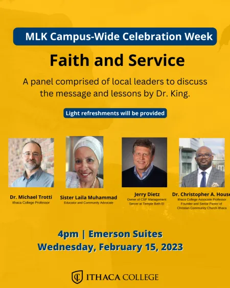 Yellow and Blue Poster with details about the Panel on Feb. 15 at 4pm