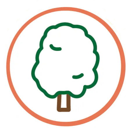 Circular icon image of a tree. Background of inner circle is white with brown tree trunk and green tree top in clip art style. There is a burnt orange ring encircling the inner portion of the icon and white outline on the outside of the thin orange ring.
