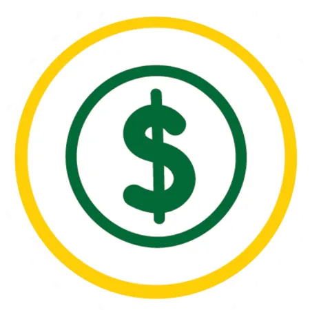 Financial Wellness icon. It is a thin yellow outer ring with a green dollar sign logo centered in the middle on white background.