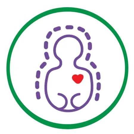 Spiritual Wellness icon. It is a thin green outer line with a silhouette of a person in purple in the center on a white background. There is a red heart inside the person.