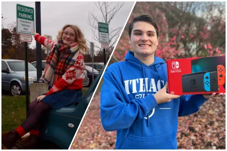 student sitting on her car hood. Student holding a Nintendo Switch. 