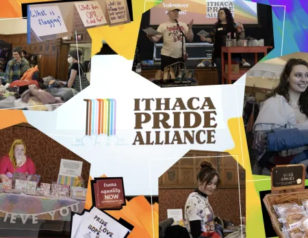 Collage of images from the Ithaca Pride Alliance's clothing swap, featuring speakers, resource tabling, and shoppers.