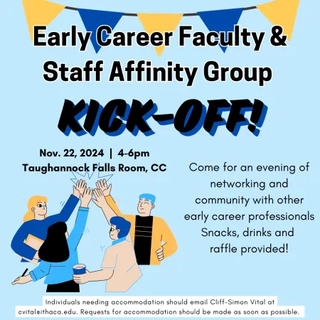 BLue background with navy blue and yellow banners, a group of people high fiving in the bottom left