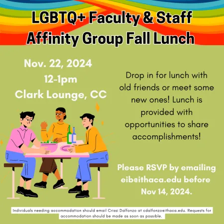 Green background with rainbow banners, a group of people playing games in the bottom left