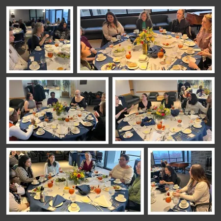 Collage of photos of women sitting at dinner tables talking to each other