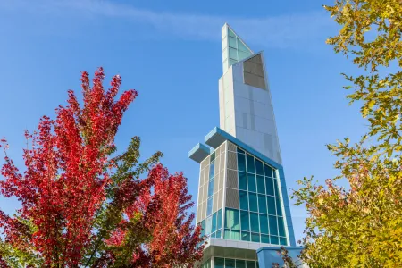 A glass building tower. 