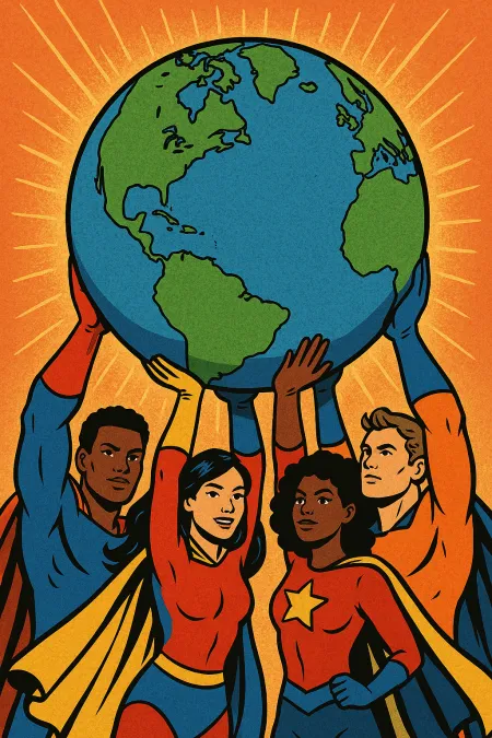 A cartoon drawing of four people dressed as superheroes, holding up a globe against an orange starburst background