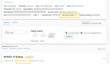 DegreeWorks heading screenshot