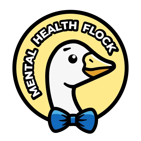 White goose with blue bowtie on a yellow background, framed by the words "Mental Health Flock"