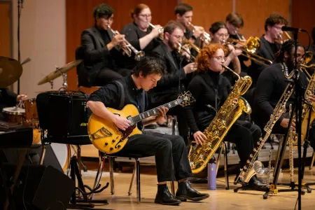 College students perform in a jazz ensemble.