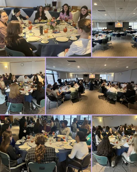 Collage of photos of women sitting at dinner tables talking to each other