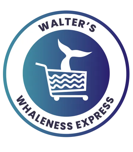 A circle with Walters whaleness express writting around it with a whale tail in a shopping cart.