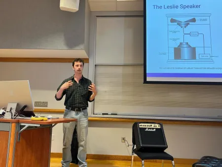 Matt Madden '18 shares his insights on Leslie speakers to a large audience.