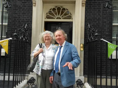 Bill and Lynne Sheasgreen standing in front of 10 Downing Street