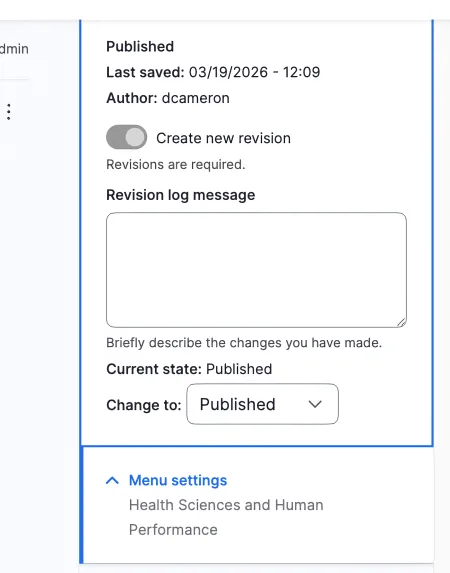 Screenshot of the Publishing Option associated with a page. 