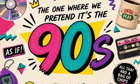 Poster with a coffee cup, CD, cassette tape, and other image from the '90s.