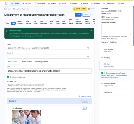 Example of an editing page for the Department of Health Sciences