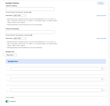 Example of the interface to modify a Spotlight Collection