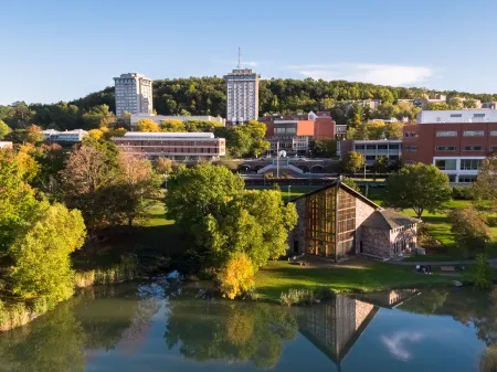 Ithaca College's Campus, as seen from above the Muller Chapel reflection pond.