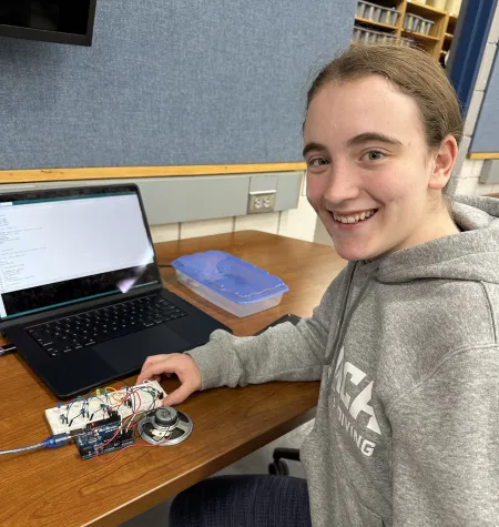 Lillian Schick '28 shares an engineering design project made from an Arduino circuit, a breadboard and some other electronic components.