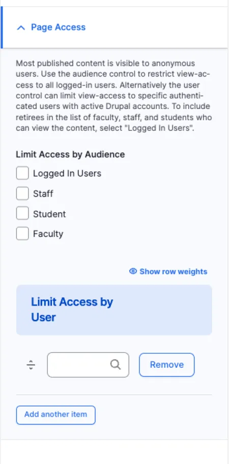 UI of the Page Access controls within Drupal