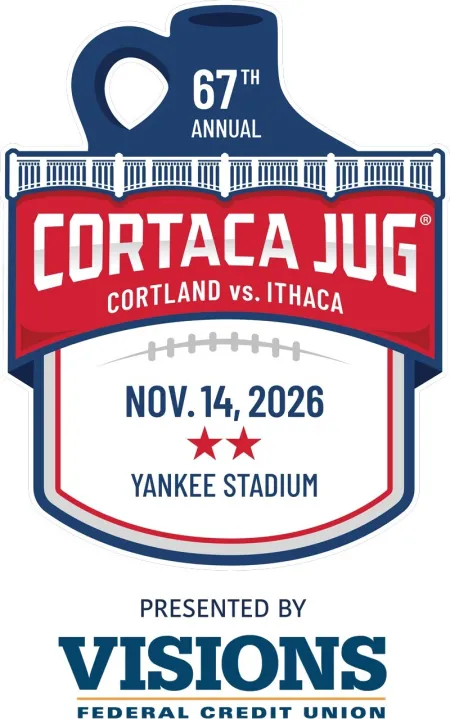A logo that reads "Cortaca Jug, Cortland vs Ithaca, Nov. 14, 2026, Yankee Stadium--presented by Visions Federal Credit Union."