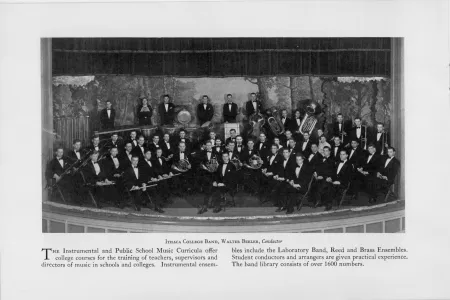 An archival news clipping featuring a band photo with the caption “Ithaca College Band, Walter Beeler, Conductor.”