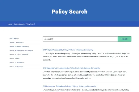 The Ithaca College policy manual webpage, with "Accessibility" entered into the search bar, returning many results.