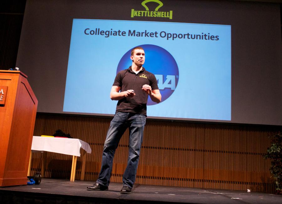 Tim Reynolds on stage presenting his business idea for the Kettleshell