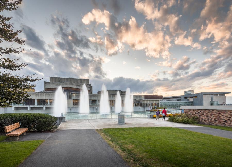 Fountains on campus at sunset.