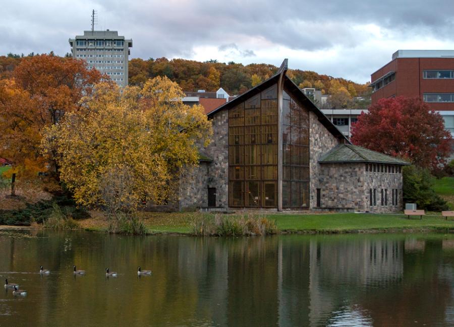 Muller Chapel seen from across the lake