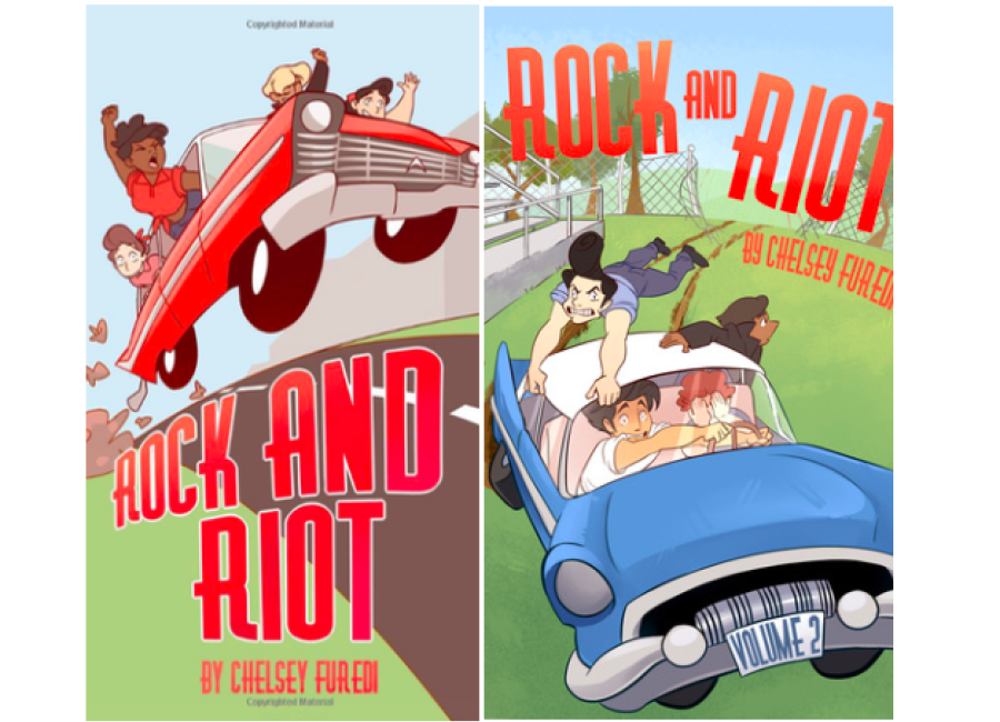 Illustrated teens driving cars with the words 'Rock and Riot' overhead