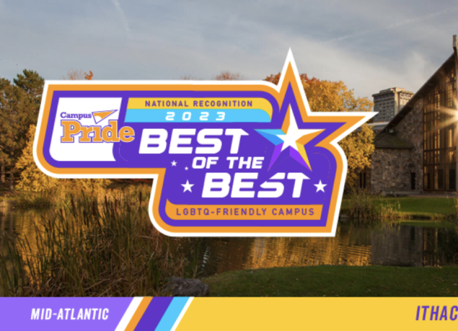 A photo of Ithaca College's Muller Chapel overlayed with a Campus Pride Best of the Best 2023 text